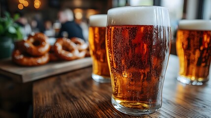 Oktoberfest celebration in Munich with beer, sausages, and pretzels being served at large outdoor tables