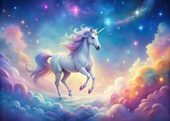 Vibrant, whimsical illustration of a majestic unicorn amidst swirling clouds, stars, and pastel colors, set against a
