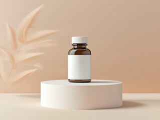 Amber glass bottle with white label on a white pedestal against a beige backdrop.