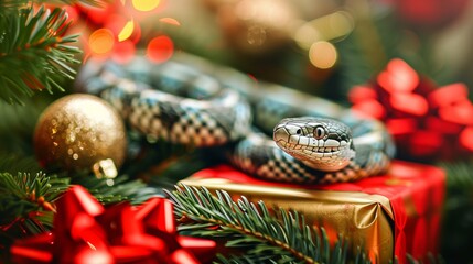 A snake is sitting on top of a red box with a gold ribbon