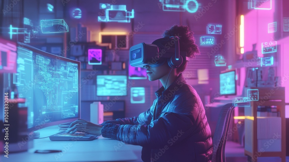 Poster a virtual reality designer innovates in a modern studio filled with floating 3d objects while wearin