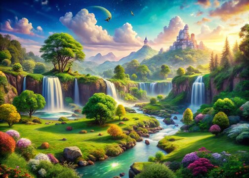 Vibrant, whimsical landscape featuring lush green forests, rolling hills, and sparkling waterfalls, perfect for