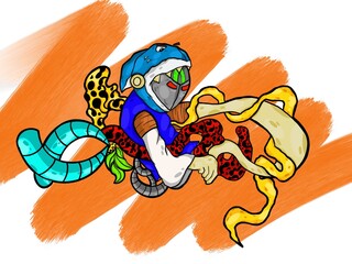 cartoon illustration of a unique character wearing a shark costume and long arms