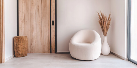 Modern interior design featuring a cozy chair and natural decor elements in a bright, minimalist entrance space
