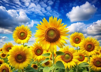 Vibrant yellow sunflowers set against a soft blue sky with fluffy white clouds, creating a bright and cheerful
