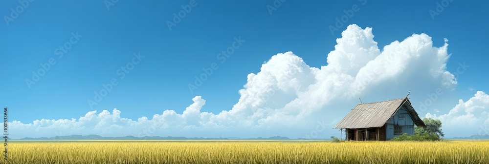 Poster A picturesque scene of a small traditional house nestled amidst a vast field of golden wheat under a bright blue sky with fluffy white clouds.  This image evokes a sense of peace, tranquility, and sim