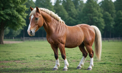 Obraz premium A brown horse with a white blaze stands in a grassy field