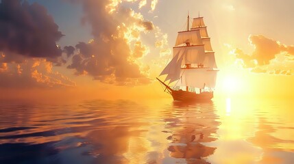 Obraz premium A majestic sailing ship glides across a tranquil sea at sunset, reflecting vibrant colors.