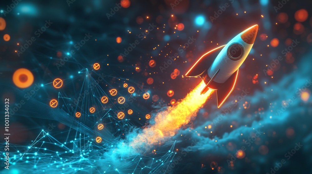 Poster a vibrant digital illustration of a rocket launching into space, surrounded by glowing data points a