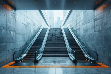 Fototapeta premium A large, empty, grey and white subway station with two escalators