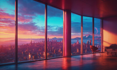 Fototapeta premium A breathtaking sunset over a city skyline, viewed from a high-rise apartment