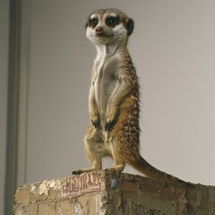 Meerkat standing upright, white isolated background.