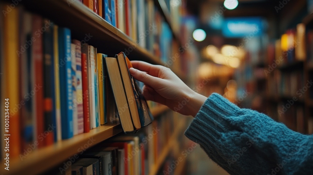 Poster a person is reaching for a book on a shelf in a library