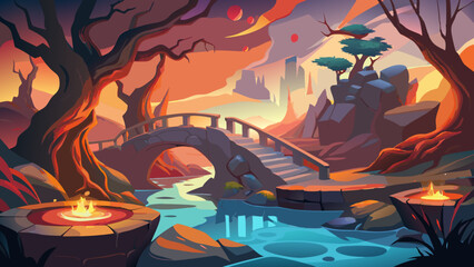 fantasy landscape with a stone bridge over a glowing pool, surrounded by twisted, fiery trees and a warm, ethereal atmosphere