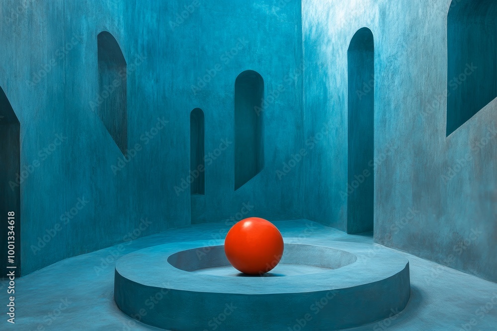 Wall mural A single, bright orange sphere rests on a circular platform within a blue, textured room featuring a maze of arched openings. The scene symbolizes simplicity, contrast, minimalism, and the search for 