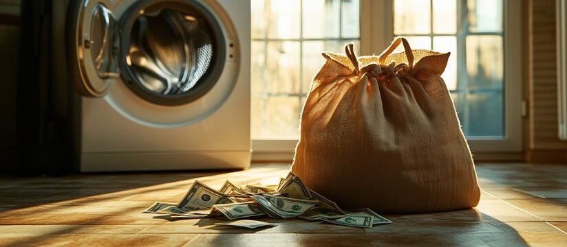 Bag of Money on the Ground with Washing Machine in the Background, Symbolizing Money Laundering, 