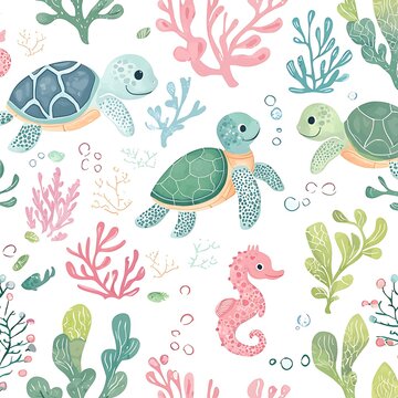 Seamless pattern with cute turtles, seahorses, and sea plants
