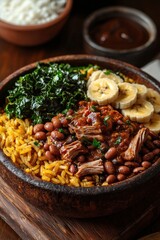 Fototapeta premium Virado à Paulista: A traditional dish with rice, beans, pork, collard greens, and banana slices.