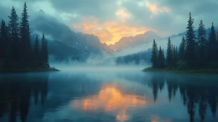 Fototapete Wald im Nebel morning mist over lake  © Anatoli