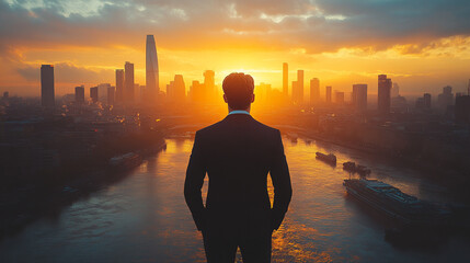 Fototapeta premium A male businessman stands against the backdrop of the city at sunset