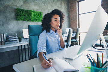 Photo of thoughtful positive lady recruiter dressed shirt writing textbook reading modern gadget...