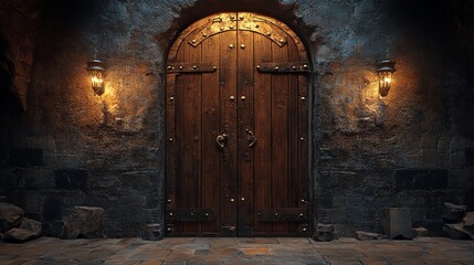 An old, wooden double door with iron accents set in a stone archway, illuminated by lanterns on either side.
