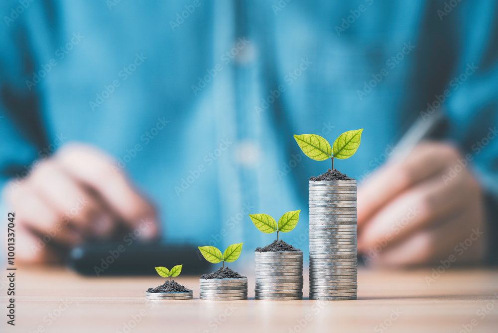 Poster tree growth on increasing coins stacking in front of businessman who use calculator count saving div