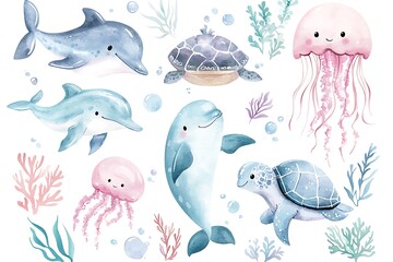 Watercolor cute and adorable sea animals