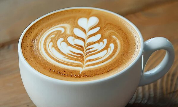 A flat white coffee with latte art served on a wooden table