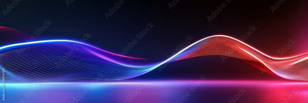 Sticker Abstract neon waves on a purple, red, and blue background. This image symbolizes energy, movement, technology, and digital art.