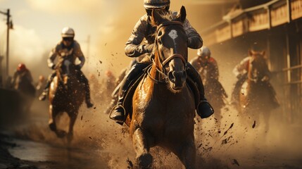 Horse racing front view, Jockeys and horses fight to take the lead in the last curve.