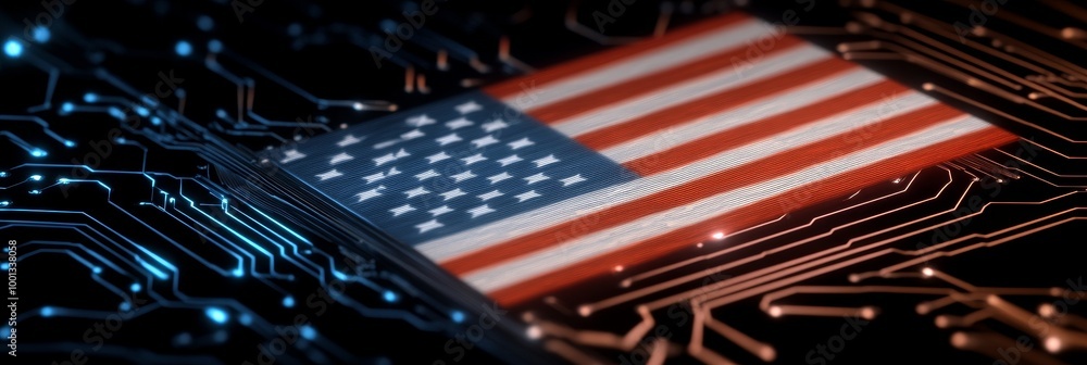 Canvas Prints An American flag rests on a circuit board, symbolizing the intersection of technology, innovation, and national pride. The image highlights the digital age's influence on American identity and the fut