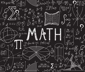 Educational vector seamless pattern with handwritten word "Math", mathematical tasks, formulas and figures