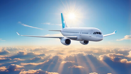 Obraz premium Commercial airplane flying above clouds in sunlight