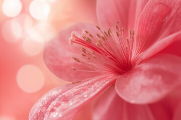 Fototapeta premium A stunning macro shot of a pink flower, showcasing intricate details and dew drops, highlighting natural beauty and freshness.