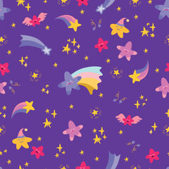 Good night childrens pattern. Vector seamless ornament with stars. Dark blue background for kids