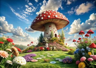 Whimsical fantasy landscape featuring a giant mushroom, floral arrangements, and oversized playing cards set against a