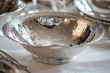 A beautifully polished metallic bowl, showcasing intricate details and textures, reflecting light on an elegant surface.