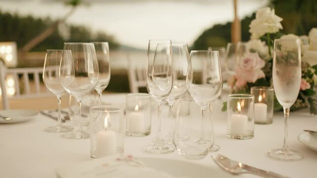 Luxury wedding dinner set Wedding decor table set up candle catering dinner dish luxury event. Close up Festive fine setting white table row chair flower reception party.
