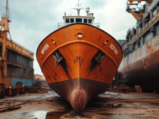 Container ship being repaired in dry dock, vessel maintenance, industrial shipyard scene