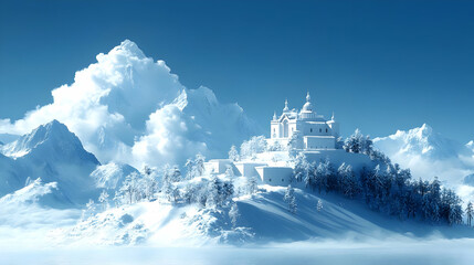 Snowy Mountaintop Castle with Cloudy Sky