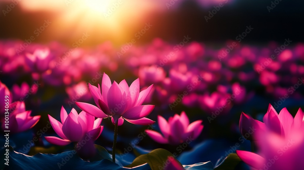 Wall mural Pink lotus flowers bloom in a field at sunset, symbolizing beauty, purity, enlightenment, peace, and tranquility.