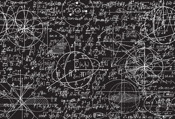 Math vector seamless background with formulas and figures shuffled together