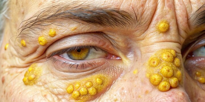 Yellowish fatty deposits on skin, characteristic of high cholesterol, appearing as bumps or patches on the eyelids,