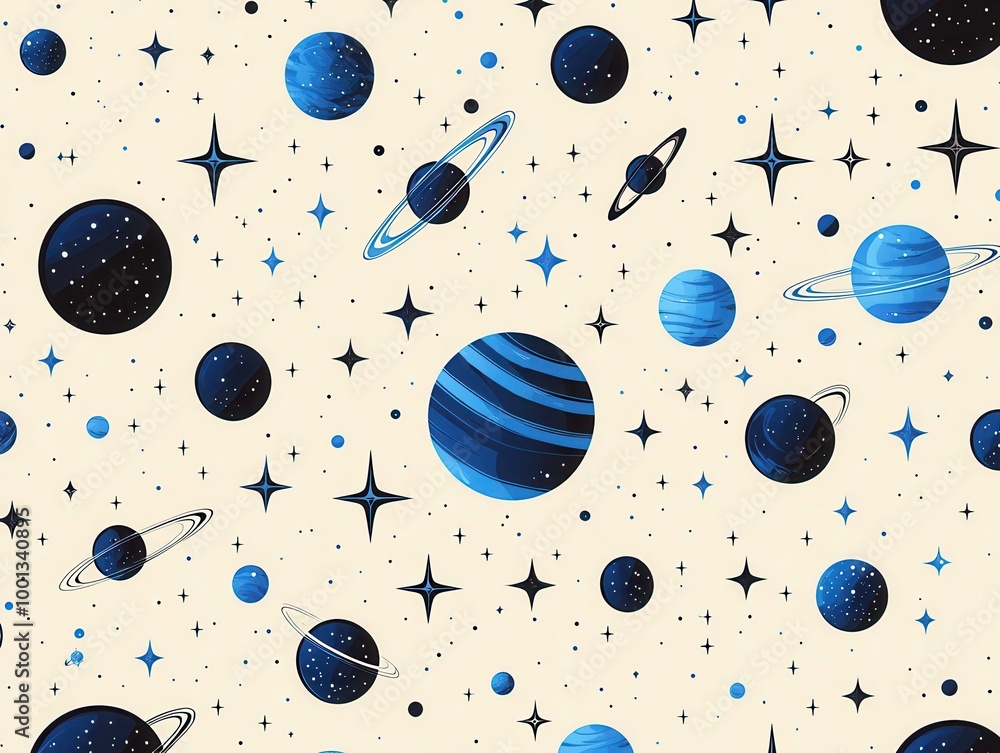 Sticker Seamless Space Pattern with Planets and Stars.