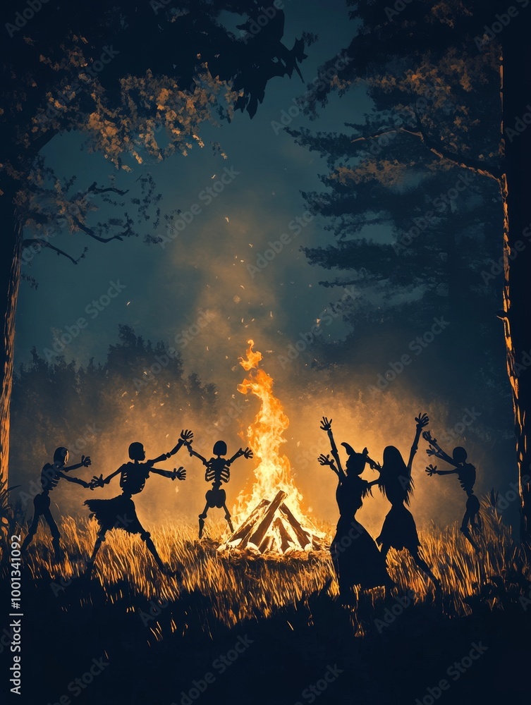 Poster Skeletons dance around a blazing bonfire in a dark forest. The scene evokes themes of death, celebration, mystery, and the supernatural.