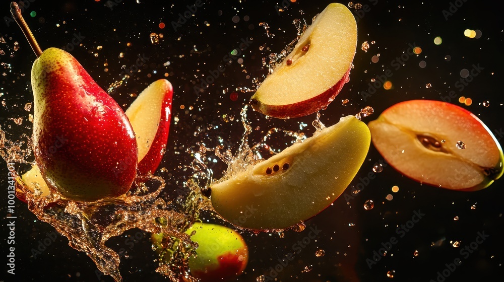 Poster sliced pears are flying through the air, creating splashes of juice against a dark background