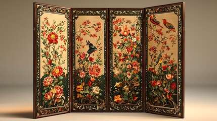 Antique Chinese Four Panel Screen with Floral Design and Birds