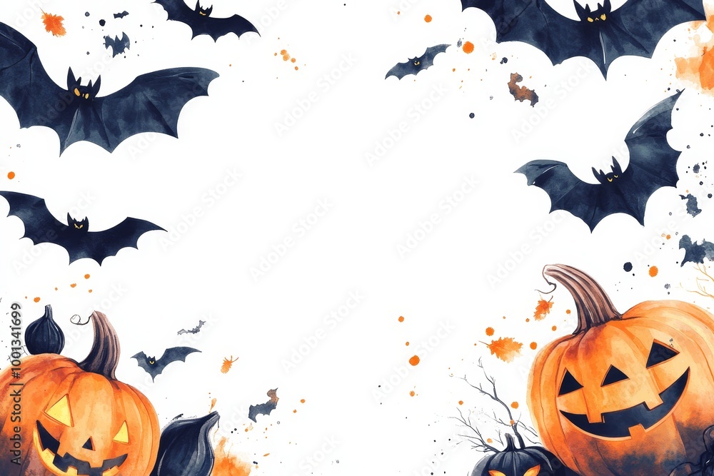 Sticker Watercolor Halloween background with bats and pumpkins. Perfect for invitations, cards, and decorations.