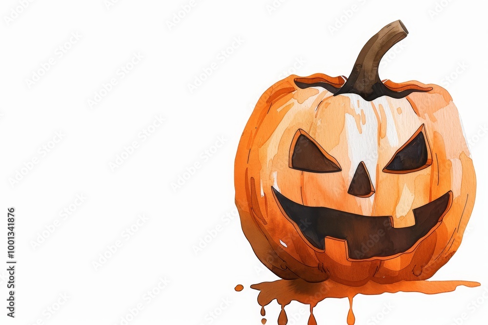 Sticker Watercolor illustration of a grinning jack-o'-lantern pumpkin with dripping orange paint, perfect for Halloween decorations, fall themes, and spooky designs.